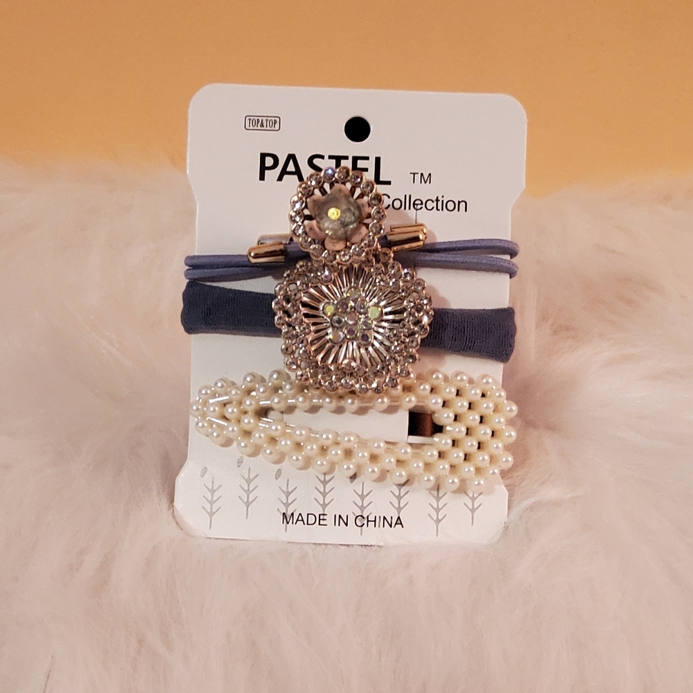 PEARLS AND RHINESTONES HAIR 3 PIECE SCROUNCHIE AND CLIP PACK